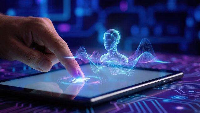 Futuristic AI Voice Support Service Concept with Hand Interacting on Tablet Display