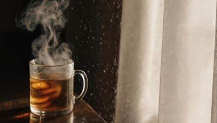 A glass mug of steaming tea sits on a table near a window with sheer curtains
