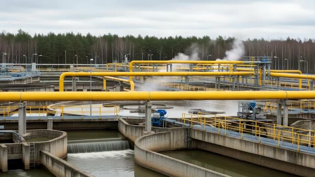 Wastewater Treatment Plant With Yellow Pipes Tanks In Operation Releasing Steam Set Against Backdrop Of Trees Infrastructure Science Environmental Management This Can Be Used For Edu