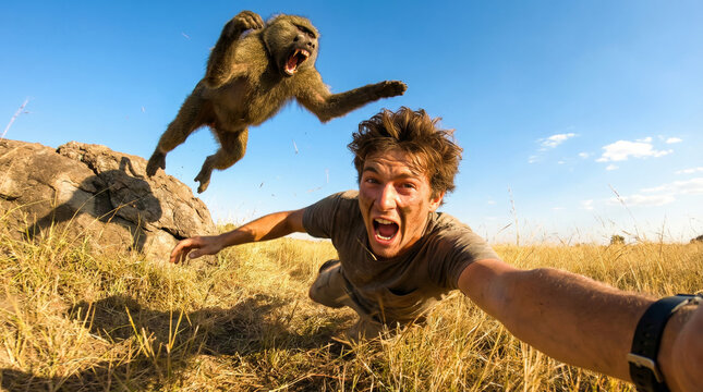 AI-generated selfie of a terrified man screaming while being chased by an aggressive wild baboon in the African wilderness, capturing a comical mishap