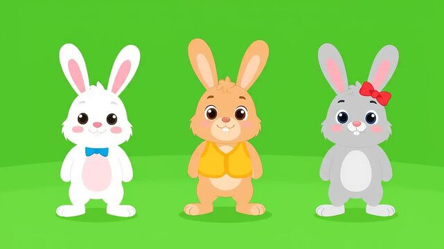 Three Cute Cartoon Bunnies Dancing and Waving on a Green Background.