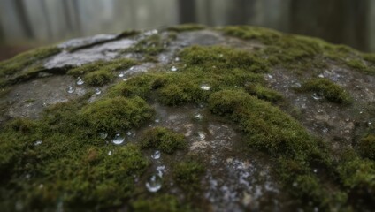 Close-up of mossy rock with dew drops