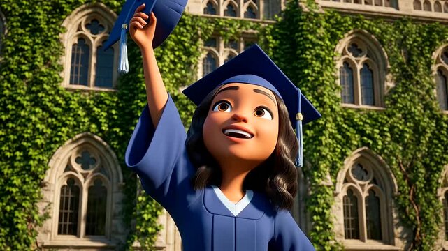 A cheerful animated young woman celebrates her academic success, throwing her cap in the air, embodying joyous Graduation Concepts and memorable Graduate Moments on a classic university campus.