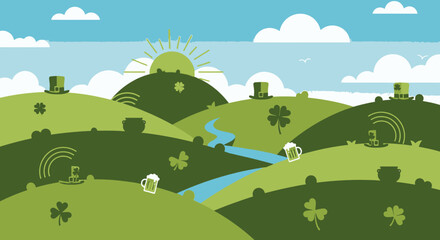 Fototapeta premium Green Hills Landscape with Clover and Sheep.
