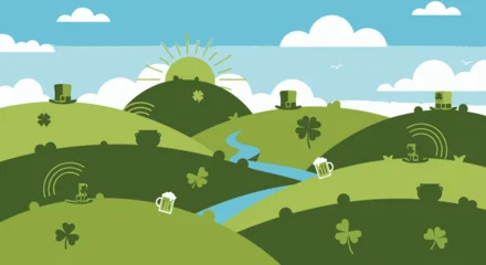 Fototapete Bauernhof Green Hills Landscape with Clover and Sheep.  © sari