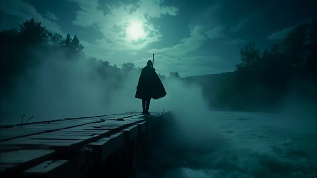 Hooded Silhouette Walking Across Wooden Bridge Under Moonlit Sky
