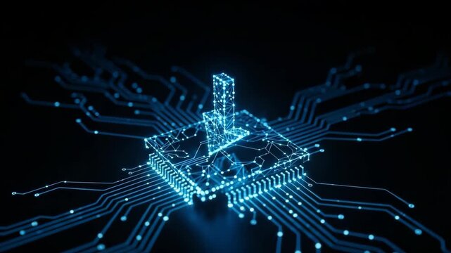 Glowing Digital Download Icon Projecting Onto Circuit Board Data Transfer Set Against Black Backdrop For It Technology Projects
