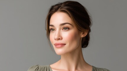 Naklejka premium Beautiful young woman with natural makeup and gentle expression, wearing a simple green blouse against a neutral background, showcasing elegant facial features