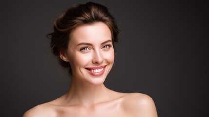 Fototapeta premium Bright Smiling Woman with Natural Beauty Posing Gracefully Against a Dark Background Showcasing Healthy Skin and Joyful Expression