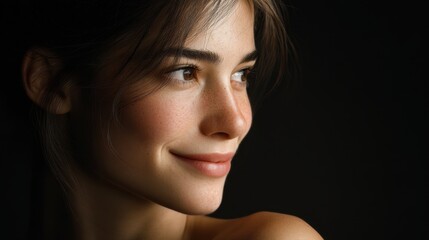 Fototapeta premium Beautiful woman with natural makeup smiling softly in low light setting, showcasing delicate features and an engaging expression on her face