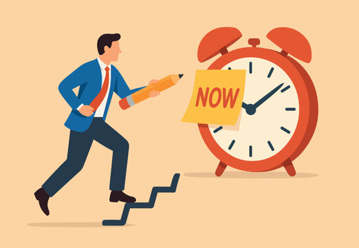  Stop procrastination, do it now or decision to finish work or appointment in time concept, confidence businessman holding pencil after he wrote the word Now on note and stick it on ringing alarm cloc