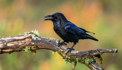 Naklejka premium A black raven perched on a mossy branch against a soft, out-of-focus backdrop with warm, autumn colors