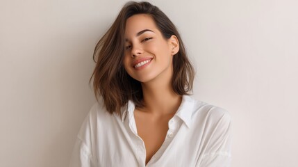 Fototapeta premium Young woman with natural beauty smiling softly in casual white shirt against neutral background capturing essence of confidence and warmth