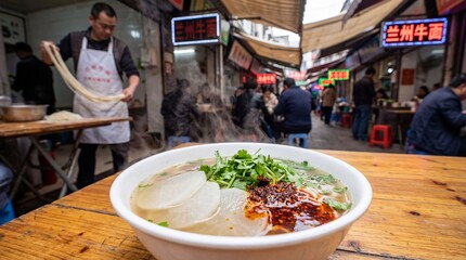 Fototapeta premium Lanzhou Beef Noodles: Hand-pulled Lanzhou Lamian noodles in clear beef broth, topped with white radish slices, cilantro, and chili oil, steam rising, authentic street food vibe, copy space for text.