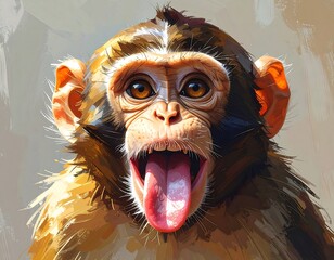Painted monkey portrait, tongue out, bright eyes, fur detail, expressive face, whimsical art