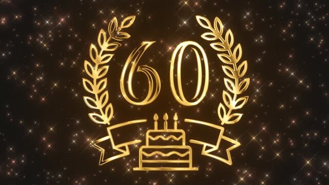 Golden number 60. A luxurious premium looped background with a golden wreath, ribbon, and festive cake. Perfect for birthdays, anniversaries, awards, and business achievements