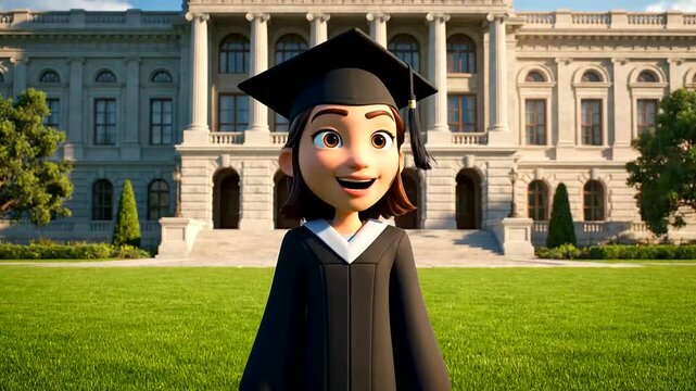 A cheerful animated graduate character smiles proudly, adjusting her tassel in front of a grand university, embodying inspiring Graduation Concepts and memorable Graduate Moments.