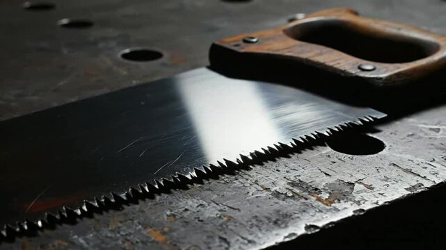 Vintage hand saw with a wooden handle resting on a worn metal workbench