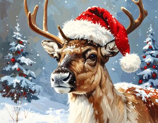 Painted reindeer in winter forest, wearing a Santa hat with falling snow