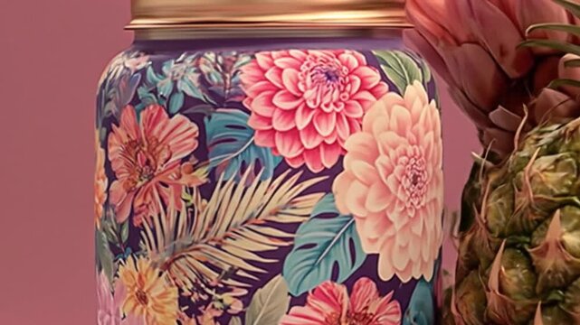 Floral jar with pineapple bright colors design and decorative elements