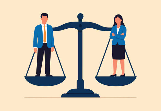 Gender equality, workplace fairness, justice or law, diversity corporate employee, comparison or balance scales, equilibrium concept, businessman and businesswoman colleagues on balance equal scales