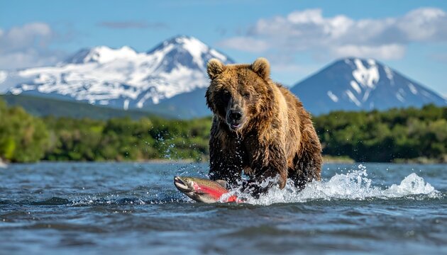 A brown bear strides through water with a salmon catch, mountains in the backdrop under a clear sky
