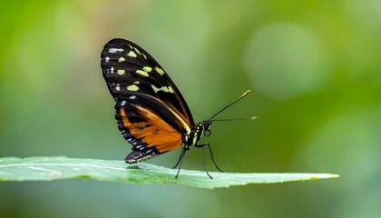 Fototapeta premium A butterfly, orange and black, rests on a leaf against a bokeh green backdrop, focused in vibrant natural light