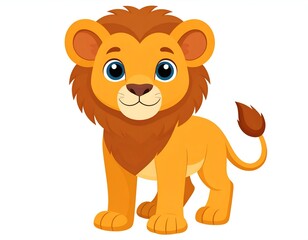 Fototapeta premium A cartoon illustration of a cute, light-brown lion with a fluffy mane standing on a white background