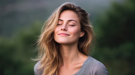 Fototapeta premium Serene Young Woman Enjoying Nature with Closed Eyes in Soft Natural Light Surrounded by Lush Greenery and Gentle Hills in the Background