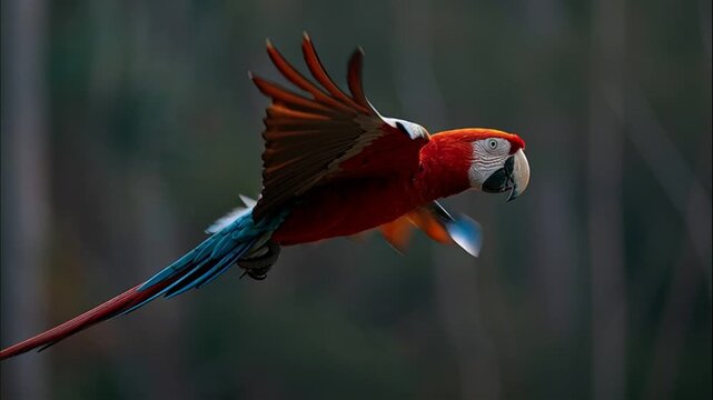 Vibrant red and blue parrot soaring against a dark bokeh background