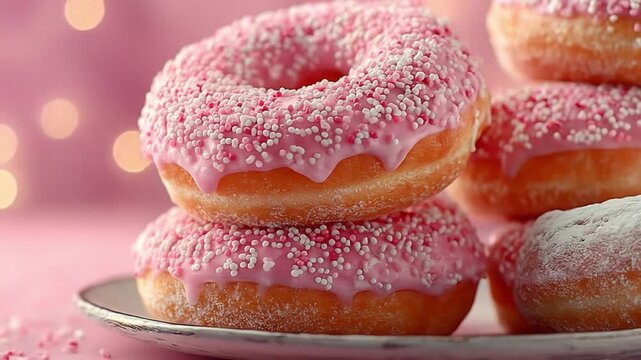 Freshly baked pink frosted donuts stacked with sprinkles