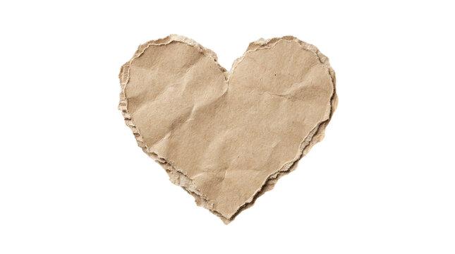 Torn kraft paper heart shape with rough ripped edges, romantic design element with copy space, isolated on transparent background