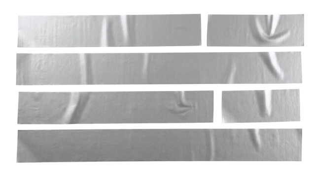 Set of silver adhesive tape strips with wrinkles and folds, realistic duct tape pieces isolated on transparent background