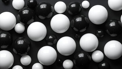 A collection of smooth, varying-sized white and black spheres are scattered across a flat, dark surface
