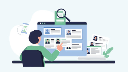 Fototapeta premium Professional reviewing multiple candidate profiles and resumes on a computer screen for hiring.