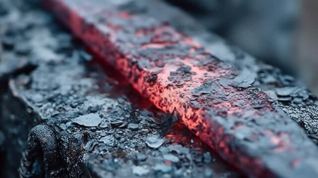 Glowing metal being worked with a hammer on an anvil closeup