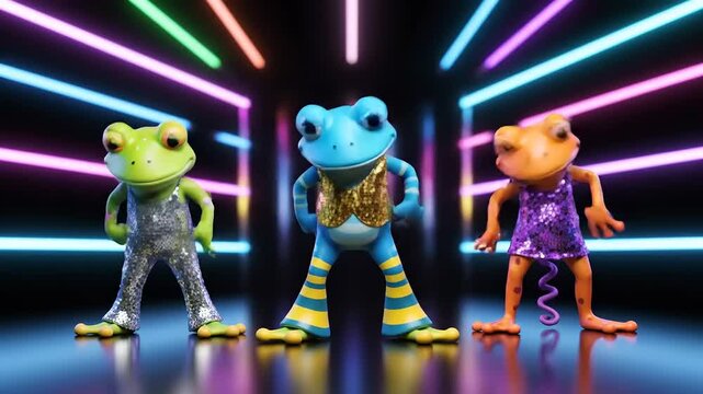 Three Dancing Frogs in a Neon Light Disco Party.