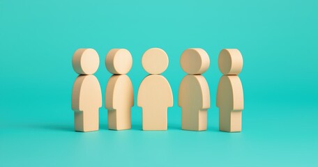 Fototapeta premium Wooden figures representing people standing in a united row, symbolizing community, teamwork, and organization