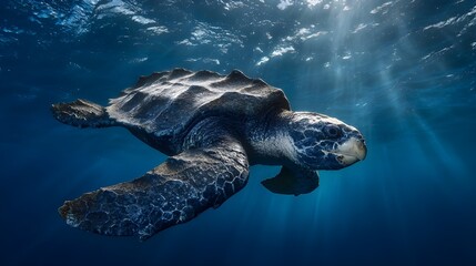 Fototapeta premium Leatherback sea turtle swimming open ocean anchors conservation awareness grace endurance and marine wildlife beauty