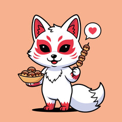 Fototapeta premium Cute White Chibi Kitsune Fox Eating Takoyaki Japanese Street Food, Mythical Inari Spirit Mascot with Heart Speech Bubble, Minimalist Vector Illustration for Stickers and Food Graphic Design