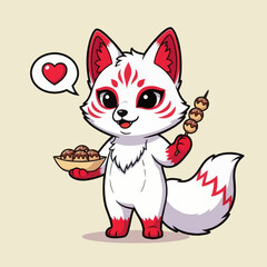 Obraz premium Cute White Chibi Kitsune Fox Eating Takoyaki Japanese Street Food, Mythical Inari Spirit Mascot with Heart Speech Bubble, Minimalist Vector Illustration for Stickers and Food Graphic Design