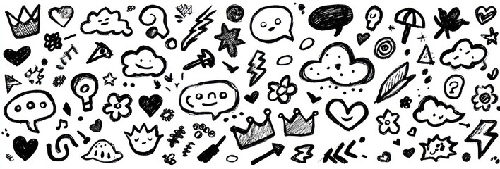 Fototapeta premium Collection of simple black and white hand drawn doodle elements and icons.