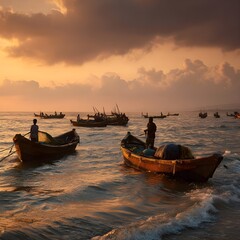 Fishing boats returning to small coastal harbor at sunrise capture peaceful maritime tradition and daily livelihood