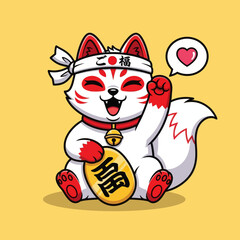 Cute Japanese Lucky Kitsune Fox Illustration. White Spirit Fox Character with Red Markings Holding Gold Coin and Waving Paw in Maneki Neko Style. Kawaii Mascot on Yellow Background.
