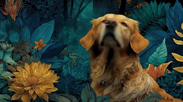 Golden retriever dog surrounded by foliage and flowers in a stylized setting