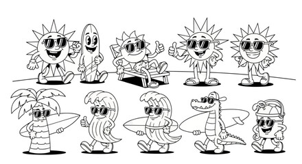 Obraz premium Retro cartoon summer surf vector set. Sun, surfboard, wave, palm tree, alligator characters.