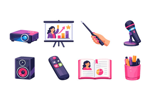 Women success presentation materials in flat style: projector, screen, pointer, microphone, speaker, presentation clicker, notebook, pen case