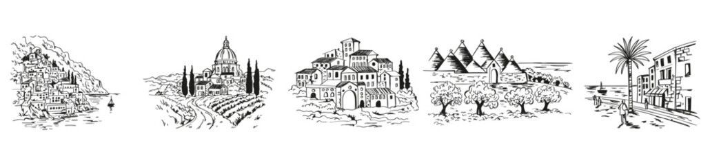 Obraz premium Collection of hand-drawn Italian landscapes sketches. Featuring coastal towns, Tuscany vineyards, and traditional architecture. Elegant black and white vector illustrations