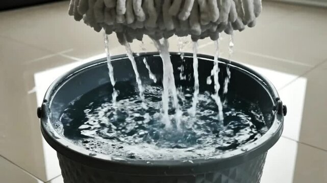 Spinning mop head wringing out water in grey plastic bucket
