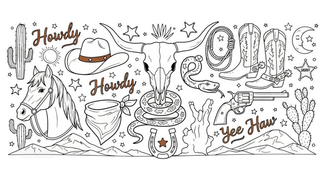 Hand-drawn western doodle vector set with cowboy hats, boots, cactus, horse, skull, revolver, sheriff badge and desert elements, perfect for vintage, rustic and Wild West designs.